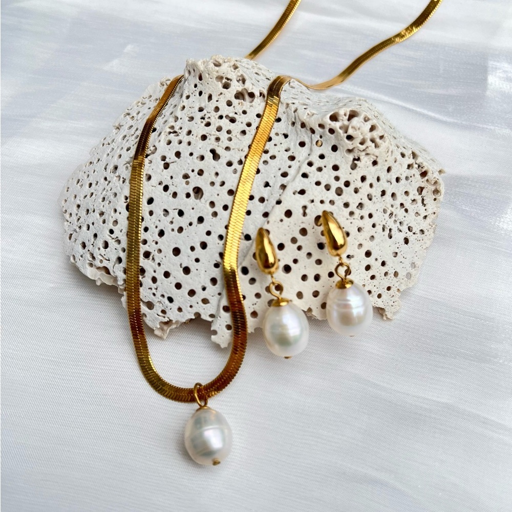 EA029 Rice shape pearl stainless necklace & earrings sets